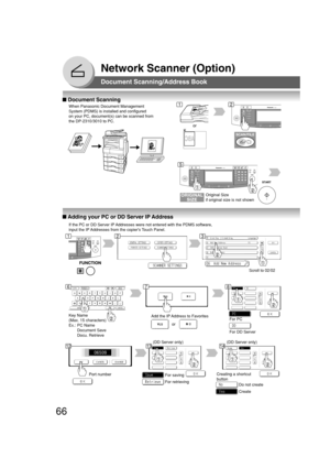 Page 6666
Network Scanner (Option)
■ Document Scanning
When Panasonic Document Management
System (PDMS) is installed and configured
on your PC, document(s) can be scanned from
the DP-2310/3010 to PC.
or
Original Size
if original size is not shown
■ Adding your PC or DD Server IP Address
If the PC or DD Server IP Addresses were not entered with the PDMS software,
input the IP Addresses from the copiers Touch Panel.
Scroll to 02/02
Key Name
(Max. 15 characters)
Ex.: PC Name
Document Save
Docu. RetrieveAdd the IP...