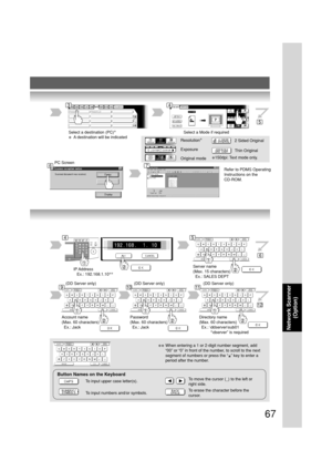 Page 6767
Network Scanner
(Option)
Select a destination (PC)∗
∗  A destination will be indicated
Select a Mode if required
Resolution∗
Exposure
Original mode2 Sided Original
Thin Original
PC Screen
Refer to PDMS Operating
Instructions on the
CD-ROM.
IP Address
   Ex.: 192.168.1.10∗∗Server name
(Max. 15 characters)
  Ex.: SALES DEPT
Account name
(Max. 60 characters)
  Ex.: Jack(DD Server only)Password
(Max. 60 characters)
  Ex.: Jack(DD Server only)Directory name
(Max. 60 characters)
  Ex.: \ddserver\sub01...