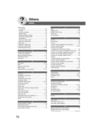 Page 7676
Others
1-Bin Finisher
   Components ····························································· 65
   Function ··································································· 55
   Functions Indication ················································· 20
   Making Copies ························································· 36
   Replacing Staple Cartridge ·····································  12
   Removing a Misfed Paper ········································ 16
   Specifications...