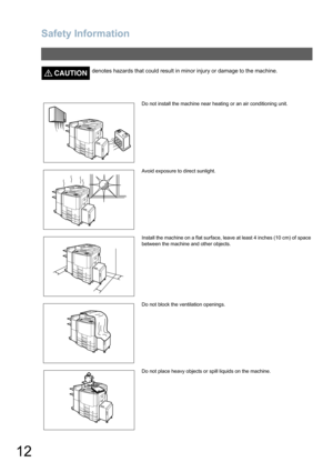 Page 12Safety Information
12
CAUTION!denotes hazards that could result in minor injury or damage to the machine.
Do not install the machine near heating or an air conditioning unit.
Avoid exposure to direct sunlight.
Install the machine on a flat surface, leave at least 4 inches (10 cm) of space
between the machine and other objects.
Do not block the ventilation openings.
Do not place heavy objects or spill liquids on the machine. 