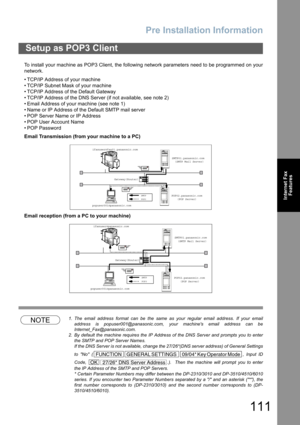 Page 111Pre Installation Information
111
Internet Fax
Features
To install your machine as POP3 Client, the following network parameters need to be programmed on your
network.
• TCP/IP Address of your machine
• TCP/IP Subnet Mask of your machine
• TCP/IP Address of the Default Gateway
• TCP/IP Address of the DNS Server (if not available, see note 2)
• Email Address of your machine (see note 1)
• Name or IP Address of the Default SMTP mail server
• POP Server Name or IP Address
• POP User Account Name
•POP...