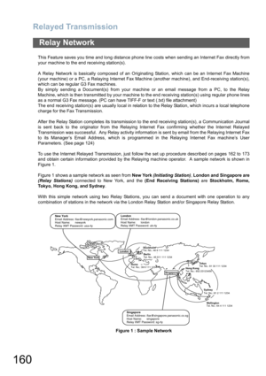 Page 160Relayed Transmission
160
This Feature saves you time and long distance phone line costs when sending an Internet Fax directly from
your machine to the end receiving station(s).
A Relay Network is basically composed of an Originating Station, which can be an Internet Fax Machine
(your machine) or a PC, a Relaying Internet Fax Machine (another machine), and End-receiving station(s),
which can be regular G3 Fax machines.
By simply sending a Document(s) from your machine or an email message from a PC, to the...