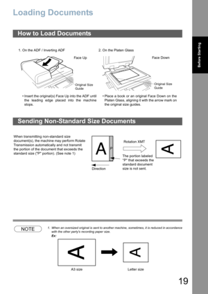 Page 1919
Before Starting
Before Starting
Loading Documents
NOTE1. When an oversized original is sent to another machine, sometimes, it is reduced in accordance
with the other partys recording paper size.
Ex:
How to Load Documents
1. On the ADF / Inverting ADF 2. On the Platen Glass
• Insert the original(s) Face Up into the ADF until
the leading edge placed into the machine
stops.• Place a book or an original Face Down on the
Platen Glass, aligning it with the arrow mark on
the original size guides.
Sending...