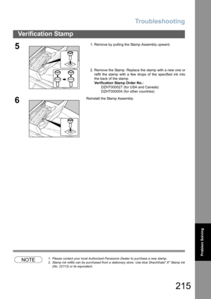 Page 215Troubleshooting
215
Verification Stamp
Problem Solving
NOTE1. Please contact your local Authorized Panasonic Dealer to purchase a new stamp. 
2. Stamp ink refills can be purchased from a stationary store. Use blue Shachihata X Stamp ink
(No. 22113) or its equivalent.
51. Remove by pulling the Stamp Assembly upward.
2. Remove the Stamp. Replace the stamp with a new one or
refill the stamp with a few drops of the specified ink into
the back of the stamp.
Verification Stamp Order No.:
       DZHT000027 (for...