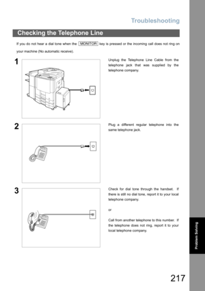 Page 217Troubleshooting
217
Problem Solving
If you do not hear a dial tone when the   key is pressed or the incoming call does not ring on
your machine (No automatic receive).
Checking the Telephone Line
1Unplug the Telephone Line Cable from the
telephone jack that was supplied by the
telephone company.
2Plug a different regular telephone into the
same telephone jack.
3Check for dial tone through the handset.  If
there is still no dial tone, report it to your local
telephone company.
or
Call from another...