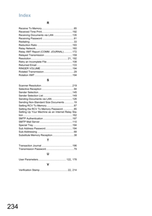 Page 234Index
234
R
Receive To Memory .............................................85
Received Time Print...........................................192
Receiving Documents via LAN .......................... 135
Receiving Password ............................................81
Redialing ..............................................................33
Reduction Ratio .................................................193
Relay Network....................................................160
Relay XMT Report (COMM....