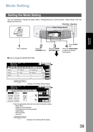 Page 3939
Facsimile
Features
Mode Setting
You can temporarily change the Basic Menu, Polling/Advanced Communication, Select Mode, Edit File
Mode and Print Out.
 How to change the MODE SETTING
Setting the Mode Setting
  changes to the Mode Setting display.
Press the appropriate Index tab and select the desired setting.
• Basic Menu
• Deferred Communication
• Polling/Advanced Communication
• Select Mode
• Edit File Mode
•Print Out
 changes to the Address Book display.
32 1
Stop Ke y Clear Ke y
Place original(s)...