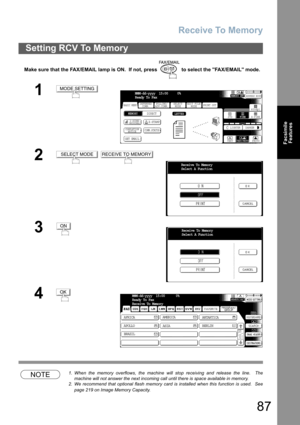 Page 87Receive To Memory
87
Facsimile
Features
Make sure that the FAX/EMAIL lamp is ON.  If not, press   to select the FAX/EMAIL mode.
NOTE1. When the memory overflows, the machine will stop receiving and release the line.  The
machine will not answer the next incoming call until there is space available in memory.
2. We recommend that optional flash memory card is installed when this function is used.  See
page 219 on Image Memory Capacity.
Setting RCV To Memory
1
2
 
3
4
MODE SETTING
BASIC MENUPRINT OUT...