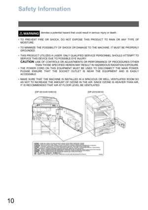 Page 1010
Getting to Know Your Machine
Safety Information
WARNING!denotes a potential hazard that could result in serious injury or death.
• TO PREVENT FIRE OR SHOCK, DO NOT EXPOSE THIS PRODUCT TO RAIN OR ANY TYPE OF
MOISTURE.
• TO MINIMIZE THE POSSIBILITY OF SHOCK OR DAMAGE TO THE MACHINE, IT MUST BE PROPERLY
GROUNDED.
• THIS PRODUCT UTILIZES A LASER. ONLY QUALIFIED SERVICE PERSONNEL SHOULD ATTEMPT TO
SERVICE THIS DEVICE DUE TO POSSIBLE EYE INJURY.
CAUTION -USE OF CONTROLS OR ADJUSTMENTS OR PERFORMANCE OF...