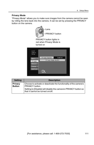 Page 1126 Setup Menu
[For assistance, please call: 1-800-272-7033] 111
Privacy Mode
"Privacy Mode" allows you to make sure images from the camera cannot be seen 
by rolling the lens back into the camera. It can be set by pressing the PRIVACY 
button on the camera.
SettingDescription
Privacy 
ButtonChoose to activate or deactivate the functionality of the camera's 
PRIVACY button.
Setting to [Disable] will disable the camera's PRIVACY button so 
that it cannot be turned on/off.
PRIVACY button...