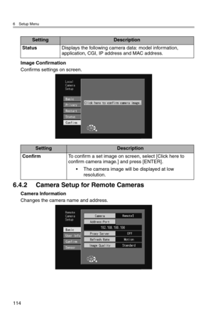 Page 1156 Setup Menu
114
Image Confirmation
Confirms settings on screen.
6.4.2 Camera Setup for Remote Cameras
Camera Information
Changes the camera name and address.
SettingDescription
StatusDisplays the following camera data: model information, 
application, CGI, IP address and MAC address.
SettingDescription
ConfirmTo confirm a set image on screen, select [Click here to 
confirm camera image.] and press [ENTER].
• The camera image will be displayed at low 
resolution. 