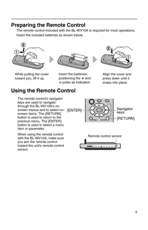 Page 1905
Preparing the Remote Control
The remote control included with the BL-WV10A is required for most operations.
Insert the included batteries as shown below.
Using the Remote Control
The remote control’s navigator 
keys are used to navigate 
through the BL-WV10A’s on-
screen menus and to select on-
screen items. The [RETURN] 
button is used to return to the 
previous menu. The [ENTER] 
button is used to select a menu 
item or parameter.
When using the remote control 
with the BL-WV10A, make sure 
you aim...