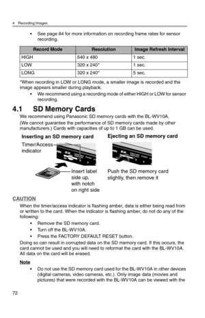 Page 734 Recording Images
72
• See page 84 for more information on recording frame rates for sensor 
recording.
*When recording in LOW or LONG mode, a smaller image is recorded and the 
image appears smaller during playback.
• We recommend using a recording mode of either HIGH or LOW for sensor 
recording.
4.1 SD Memory Cards
We recommend using Panasonic SD memory cards with the BL-WV10A.
(We cannot guarantee the performance of SD memory cards made by other 
manufacturers.) Cards with capacities of up to 1 GB...