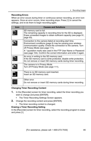 Page 864 Recording Images
[For assistance, please call: 1-800-272-7033] 85
Recording Errors
When an error occurs during timer or continuous sensor recording, an error icon 
appears. Once an error occurs, timer recording stops. Press [1] to cancel the 
settings, and re-do them to begin recording again.
Changing Timer Recording Content
1.In the [Recorder] screen for timer recording, select the timer recording you 
wish to change and press [ENTER].
• The Timer Recording Settings Screen appears.
2.Change the...