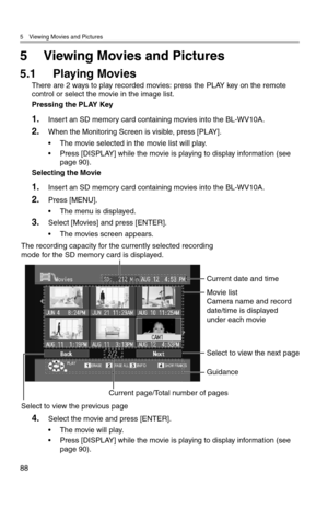 Page 895 Viewing Movies and Pictures
88
5 Viewing Movies and Pictures
5.1 Playing Movies
There are 2 ways to play recorded movies: press the PLAY key on the remote 
control or select the movie in the image list.
Pressing the PLAY Key
1.Insert an SD memory card containing movies into the BL-WV10A.
2.When the Monitoring Screen is visible, press [PLAY].
• The movie selected in the movie list will play.
• Press [DISPLAY] while the movie is playing to display information (see 
page 90).
Selecting the Movie
1.Insert...