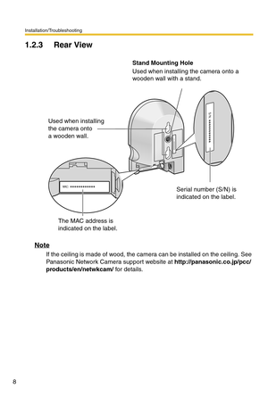 Page 8Installation/Troubleshooting
8
1.2.3 Rear View
Note
If the ceiling is made of wood, the camera can be installed on the ceiling. See 
Panasonic Network Camera support website at http://panasonic.co.jp/pcc/
products/en/netwkcam/ for details.Stand Mounting Hole
Used when installing the camera onto a 
wooden wall with a stand.
M
A
C:
MAC:
S/N:
S/N:Used when installing 
the camera onto 
a wooden wall.
Serial number (S/N) is 
indicated on the label.
The MAC address is 
indicated on the label. 