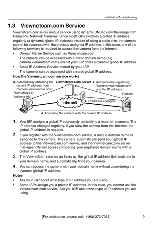 Page 9Installation/Troubleshooting
9[For assistance, please call: 1-800-272-7033]
1.3 Viewnetcam.com Service
Viewnetcam.com is our unique service using dynamic DNS to view the image from 
Panasonic Network Cameras. Since most ISPs switches a global IP address 
regularly (a dynamic global IP address) instead of using a static one, the camera 
cannot be accessed with the previous assigned IP address. In this case, one of the 
following services is required to access the camera from the Internet.
 Domain Name...