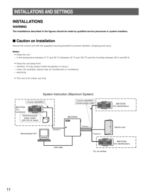 Page 1111
INSTALLATIONS AND SETTINGS
INSTALLATIONS
WARNING
The installations described in the figures should be made by qualified service personnel or system installers.
■Caution on Installation
Secure the control unit with the supplied mounting bracket to prevent vibration, dropping and injury.
Notes: 
•Keep the unit:
·in the temperature between 0 °C and 40 °C (between 32 °F and 104 °F) and the humidity between 30 % and 80 %.
•Keep the unit away from:
·vibration. (It may cause invalid recognition or injury.)...