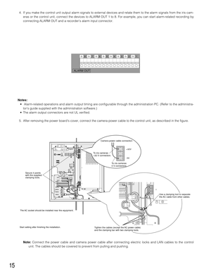 Page 1515
4. If you make the control unit output alarm signals to external devices and relate them to the alarm signals from the iris cam-
eras or the control unit, connect the devices to ALARM OUT 1 to 8. For example, you can start alarm-related recording by
connecting ALARM OUT and a recorder’s alarm input connector. 
Notes: 
•Alarm-related operations and alarm output timing are configurable through the administration PC. (Refer to the administra-
tor’s guide supplied with the administration software.)
•The...