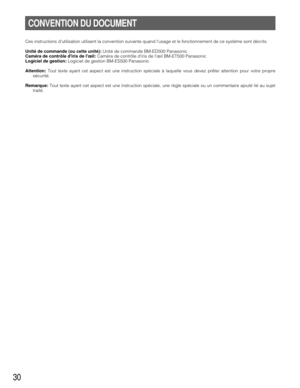 Page 3030
CONVENTION DU DOCUMENT
Ces instructions dutilisation utilisent la convention suivante quand lusage et le fonctionnement de ce système sont décrits.
Unité de commande (ou cette unité):Unité de commande BM-ED500 Panasonic
Caméra de contrôle diris de lœil:Caméra de contrôle diris de lœil BM-ET500 Panasonic
Logiciel de gestion:Logiciel de gestion BM-ES500 Panasonic
Attention:Tout texte ayant cet aspect est une instruction spéciale à laquelle vous devez prêter attention pour votre propre
sécurité....