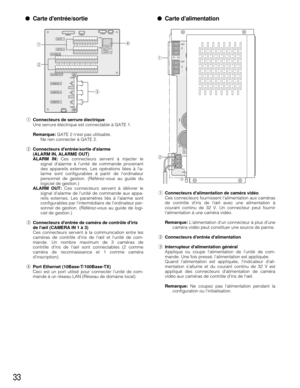 Page 3333
●Carte dentrée/sortie
qConnecteurs de serrure électrique
Une serrure électrique est connectable à GATE 1.
Remarque:GATE 2 nest pas utilisable.
Ne rien connecter à GATE 2.
wConnecteurs dentrée/sortie dalarme
(ALARM IN, ALARME OUT)
ALARM IN:Ces connecteurs servent à injecter le
signal dalarme à lunité de commande provenant
des appareils externes. Les opérations liées à la-
larme sont configurables à partir de lordinateur
personnel de gestion. (Référez-vous au guide du
logiciel de gestion.)
ALARM OUT:...