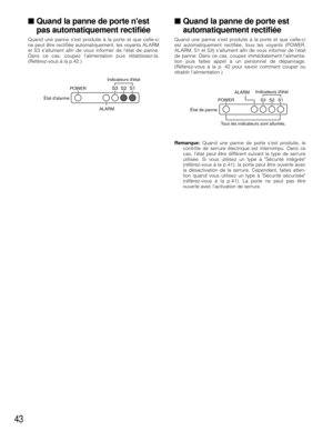 Page 4343
■Quand la panne de porte nest
pas automatiquement rectifiée
Quand une panne sest produite à la porte et que celle-ci
ne peut être rectifiée automatiquement, les voyants ALARM
et S3 sallument afin de vous informer de létat de panne.
Dans ce cas, coupez lalimentation puis rétablissez-la.
(Référez-vous à la p.42.)
■Quand la panne de porte est
automatiquement rectifiée
Quand une panne sest produite à la porte et que celle-ci
est automatiquement rectifiée, tous les voyants (POWER,
ALARM, S1 et S3)...