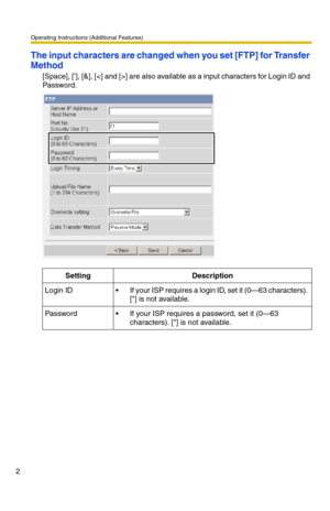 Page 2Operating Instructions (Additional Features)
2
The input characters are changed when you set [FTP] for Transfer 
Method
[Space], [’], [&], [] are also available as a input characters for Login ID and 
Password.
SettingDescription
Login ID If your ISP requires a login ID, set it (0—63 characters). [] is not available.
Password If your ISP requires a password, set it (0—63 
characters). [] is not available. 