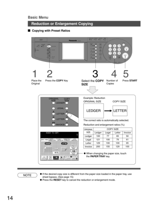 Page 1414
CONTRASTLCD
REDIAL /PAUSE
LINE
SELECTFLASH /SUB-ADDR
SET ORIGINAL COPY
SIZE SIZE
LEDGER
LEGAL
INVOICELETTER
LETTER
MONITOR
RESET
START
123
456
789
0
PQRSGHI
TUVJKL ABC
WXYZMNODEF
STOPON LINE
ON LINE
DATAFAX
INTERNET
PRINTER
MULTI-SIZE
FEEDSORT
ALARM ACTIVE
CLEAR
ENERGY SAVER
DP-3000
INTERRUPTFUNCTION
TONETONE
COPYADD TONER
MON. VOL.
Reduction or Enlargement Copying
LEDGERCOPY
 SIZE ORIGINAL
    SIZE
LEGAL
INVOICELETTER
LETTER
NOTE
  
Copying with Preset Ratios
Basic Menu
1
Place the
Original
2...