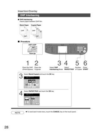 Page 2828
CONTRASTLCD
REDIAL /PAUSE
LINE
SELECTFLASH /SUB-ADDR
SET ORIGINAL COPY
SIZE SIZE
LEDGER
LEGAL
INVOICELETTER
LETTER
MONITOR
RESET
STARTSTART
123
456
789
0
PQRSGHI
TUVJKL ABC
WXYZMNODEF
STOPON LINE
ON LINE
DATAFAXINTERNET
PRINTER
MULTI-SIZE
FEEDSORT
ALARM ACTIVE
CLEAR
ENERGY SAVERDP-3000INTERRUPTFUNCTION
TONETONE
COPYADD TONER
MON. VOL.
OHP Interleaving
Inserts paper between OHP film.
Blank Paper Copied Paper
  
Procedure
ADF/i-ADF
Face-Up
2
OHP
1
(2) (1)
OHP
2
OHP
1
OHP
Insertion/Overlay
NOTE
1...