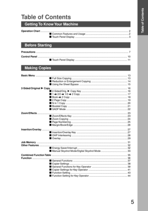 Page 55
Table of Contents
Getting To  Know Your  Machine
Operation Chart.............................................................................................................................. 2
Common Features and Usage .............................................................. 2
Touch Panel Display ............................................................................. 3
Before Starting...