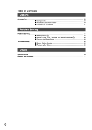 Page 66
Table of Contents
Options
Accessories.................................................................................................................................. 48
Components ....................................................................................... 48
Automatic Document Feeder .............................................................. 49
Finisher/Exit Guide Unit ...................................................................... 51
Problem Solving
Problem...