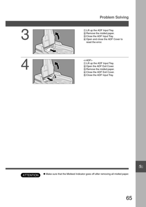 Page 6565
Problem Solving
ATTENTION
F
CMake sure that the Misfeed Indicator goes off after removing all misfed paper.
3
#Lift up the ADF Input Tray.
$Remove the misfed paper.
%Close the ADF Input Tray.
&Open and close the ADF Cover to
reset the error.
4

#Lift up the ADF Input Tray.
$Open the ADF Exit Cover.
%Remove the misfed paper.
&Close the ADF Exit Cover.
(Close the ADF Input Tray. 