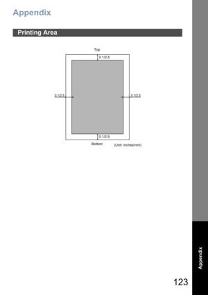 Page 123123
Appendix
Appendix
Appendix
Printing Area
Top
0.1/2.5
0.1/2.5
0.1/2.50.1/2.5
Bottom
(Unit: inches/mm) 