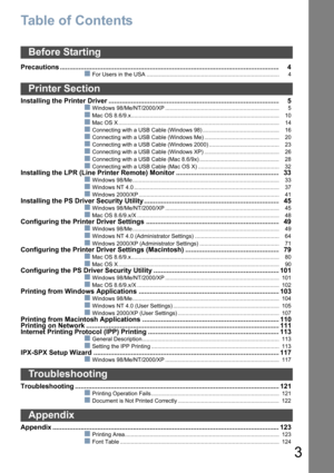 Page 3
3
Table of Contents
Precautions .....................................................................................................................4
For Users in the USA ..................................................................................... 4
Installing the Printer Driver ........................................................................................... 5
Windows 98/Me/NT/2000/XP ......................................................................... 5
Mac OS...
