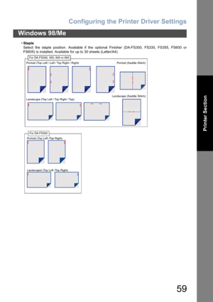 Page 59Configuring the Printer Driver Settings
59
Windows 98/Me
Printer Section
•Staple
Select the staple position. Available if the optional Finisher (DA-FS300, FS330, FS355, FS600 or
FS605) is installed. Available for up to 30 sheets (Letter/A4).
Portrait (Top Left / Left / Top Right / Right)
Landscape (Top Left / Top Right / Top)Portrait (Saddle Stitch)
Landscape (Saddle Stitch)
For DA-FS330, 355, 600 or 605
For DA-FS300
Portrait (Top Left /Top Right)
Landscapet (Top Left /Top Right) 