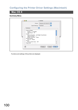 Page 100Configuring the Printer Driver Settings (Macintosh)
100
Mac OS X
Summary Menu
Functions and settings of the printer are displayed. 