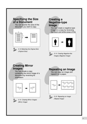 Page 7v
Creating a
Negative-type
Image
You can create a negative-type
image on a copy by reversing
the black and white areas of the
original.
5-14  Creating Negative-like
Images (Negative Image)
Repeating an Image
You can copy an image and
repeat it on a paper.
5-16  Repeating an Image
(Repeat Image)
Creating Mirror
Images
You can create a copy
containing the mirror image of a
document by reversing its
orientation.
5-15  Creating Mirror Images
(Mirror Image)
Specifying the Size
of a Document
You can specify...