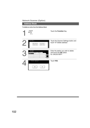 Page 102102
1
Address Book Network Scanner (Option)
2
Enter the station you wish to delete
and touch the OK button.
Ex: SALES DEPT
3
4
To delete an entry from the Address Book
Touch the Scanner Settings button and
touch “07 Delete address”.
Touch YES. Touch the Function Key.
P102-103_dp4510(pb).P657/31/02, 10:50 AM 102 