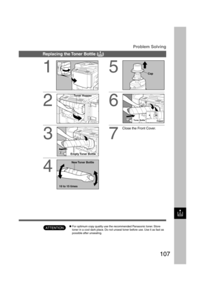 Page 107107
Replacing the Toner Bottle (
? ?? ?
?)
1
2
3
Problem Solving
ATTENTIONCFor optimum copy quality use the recommended Panasonic toner. Store
toner in a cool dark place. Do not unseal toner before use. Use it as fast as
possible after unsealing.
HopperToner Bottle
4
5
6
Close the Front Cover.
7
10 to 15 timesCap
?
New Toner  Bottle
Toner Hopper
Empty Toner  Bottle
P107_dp4510(pb).P657/31/02, 10:50 AM 107 