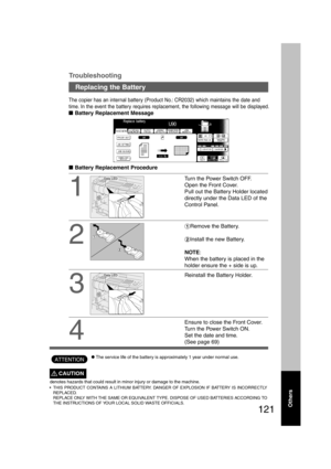 Page 121121
Troubleshooting
CThe service life of the battery is approximately 1 year under normal use.
1
Turn the Power Switch OFF.
Open the Front Cover.
Pull out the Battery Holder located
directly under the Data LED of the
Control Panel.
2
#Remove the Battery.
$Install the new Battery.
NOTE:
When the battery is placed in the
holder ensure the + side is up.
The copier has an internal battery (Product No.: CR2032) which maintains the date and
time. In the event the battery requires replacement, the following...