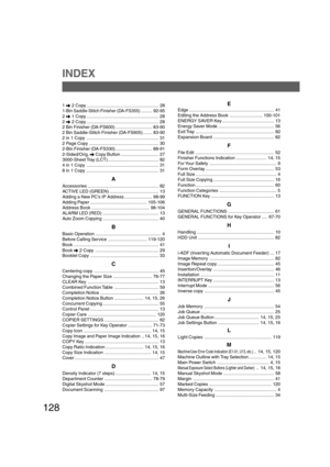 Page 128128
INDEX
1 \ 2 Copy ......................................................... 28
1-Bin Saddle-Stitch Finisher (DA-FS355)......... 92-95
2 \ 1 Copy ......................................................... 28
2 \ 2 Copy ......................................................... 28
2 Bin Finisher (DA-FS600) ............................. 83-90
2 Bin Saddle-Stitch Finisher (DA-FS605) ....... 83-90
2 in 1 Copy ......................................................... 31
2 Page Copy...