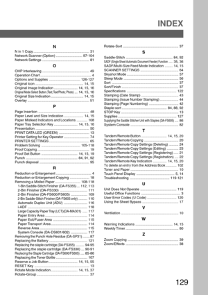 Page 129129
INDEX
N
N in 1 Copy ......................................................... 31
Network Scanner (Option) ........................... 97-104
Network Settings ................................................ 81
O
OHP Interleaving ................................................ 49
Operation Chart .................................................... 4
Options and Supplies ................................ 126-127
Original Icon ................................................. 14, 15
Original Image...