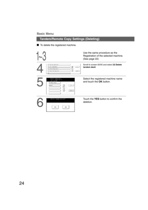 Page 2424
1~ 3
Tandem/Remote Copy Settings (Deleting) Basic Menu
4
Select the registered machine name
and touch the OK button.
5
6
  
To delete the registered machine.
Scroll to screen 05/05 and select 22 Delete
tandem desti.
Touch the YES button to confirm the
deletion. Use the same procedure as the
Registration of the selected machine.
(See page 22)
P024_4510(pb).P658/2/02, 10:39 AM 24 
