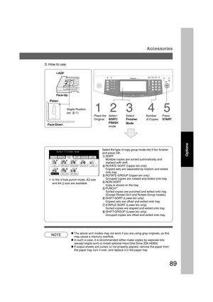 Page 8989
Accessories
Options
B4·FLS
3. How to use
i-ADF
Face-Up
Platen
4
Number
of Copies
5Staple Position
(ex. $-1)
Face-Down1
Place the
Original
23
Select
SORT/
FINISH
modeSelect
Finisher
Mode
Select the type of copy group mode into 2-bin finisher
and press OK.
#SORT
Multiple copies are sorted automatically and
stacked with shift.
$ROTATE-SORT (Upper bin only)
Copied sets are separated by rotation and exited
onto tray.
%ROTATE-GROUP (Upper bin only)
Grouped copies are rotated and exited onto tray.
&NON-SORT...
