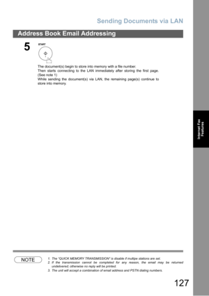 Page 127Sending Documents via LAN
127
Address Book Email Addressing
Internet Fax
Features
NOTE1. The “QUICK MEMORY TRANSMISSION” is disable if multipe stations are set.
2. If the transmission cannot be completed for any reason, the email may be returned
undelivered; otherwise no reply will be printed.
3. The unit will accept a combination of email address and PSTN dialing numbers.
5
The document(s) begin to store into memory with a file number.  
Then starts connecting to the LAN immediately after storing the...