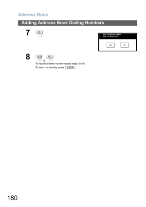 Page 180Address Book
180
Adding Address Book Dialing Numbers
7
8
 or 
To record another number repeat steps 3 to 8.
To return to standby, press  .
OKAdd Telephone Number
Add to Favorites?
NO YES
YESNO
STOP 