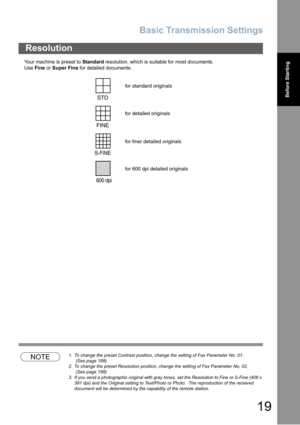 Page 19Basic Transmission Settings
19
Before Starting
Your machine is preset to Standard resolution, which is suitable for most documents.
Use Fine or Super Fine for detailed documents. 
NOTE1. To change the preset Contrast position, change the setting of Fax Parameter No. 01.
 (See page 188) 
2. To change the preset Resolution position, change the setting of Fax Parameter No. 02.
 (See page 188)
3. If you send a photographic original with gray tones, set the Resolution to Fine or S-Fine (406 x 
391 dpi) and...
