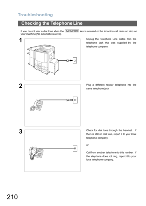Page 210Troubleshooting
210
If you do not hear a dial tone when the   key is pressed or the incoming call does not ring on
your machine (No automatic receive).
Checking the Telephone Line
1Unplug the Telephone Line Cable from the
telephone jack that was supplied by the
telephone company.
2Plug a different regular telephone into the
same telephone jack.
3Check for dial tone through the handset.  If
there is still no dial tone, report it to your local
telephone company.
or
Call from another telephone to this...