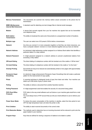 Page 221Glossary
221  Appendix
Memory TransmissionThe documents are scanned into memory before actual connection to the phone line for
transmission.
MIME (Multipurpose 
Internet Mail Extension)A standard used for attaching non-text (image) files to Internet email messages.
ModemA device that converts signals from your fax machine into signals that can be transmitted
over telephone lines.
Multi-station 
TransmissionThe ability to broadcast the same set of documents to a programmed number of locations.
Multiple...