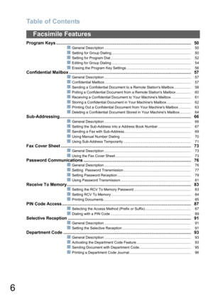 Page 6Table of Contents
6
Program Keys ................................................................................................................. 50
General Description ....................................................................................... 50
Setting for Group Dialing................................................................................ 50
Setting for Program Dial ................................................................................. 52
Editing for Group Dialing...